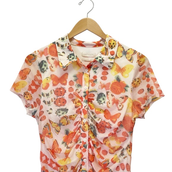 Urban Outfitters Riko Y2K Mesh Dress Orange Butterfly Ruched Mini Size Large - Picture 7 of 13